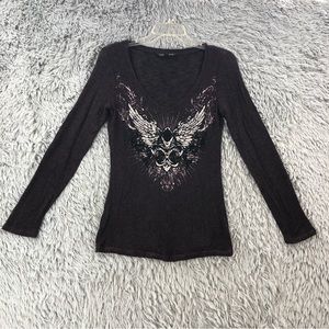 Rock & Republic Sweater XS Vneck Embroidered Wing Fleur De Lis Lightweight